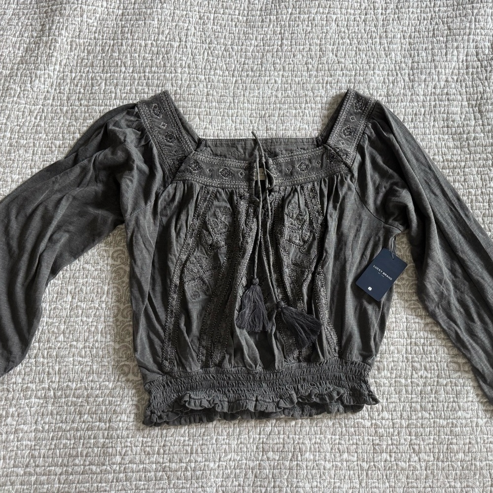 Lucky Brand Gray Smocked Puff Sleeve Blouse